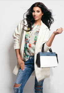Look de bureau sac a main design noir bleu blanc